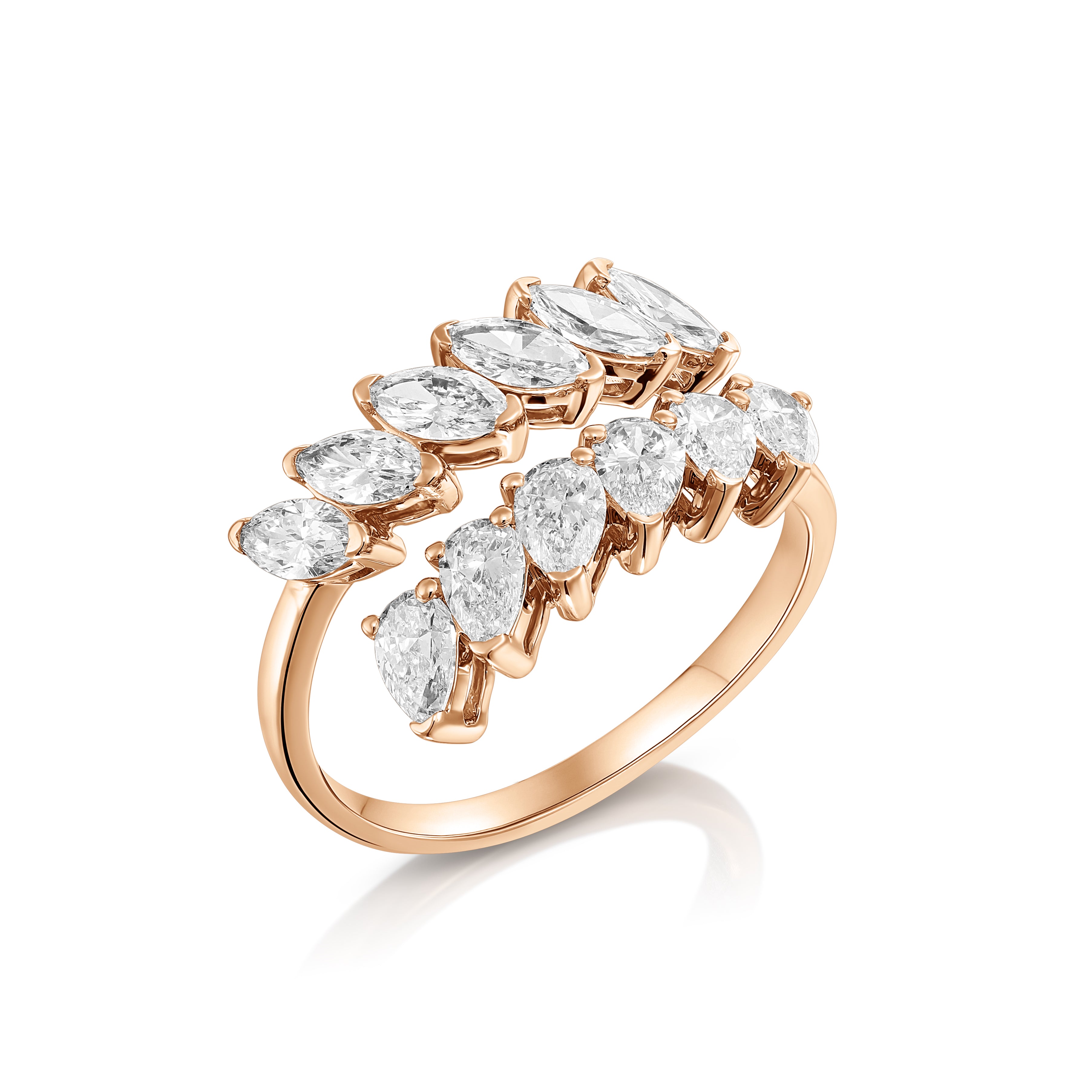 טבעת פתוחה בעיצוב כפול עם שיבוץ מעורב | יהלומי מעבדה CVD | גודל כולל 1.967 קראט | זהב לבן 14 קראט | דגם קרן