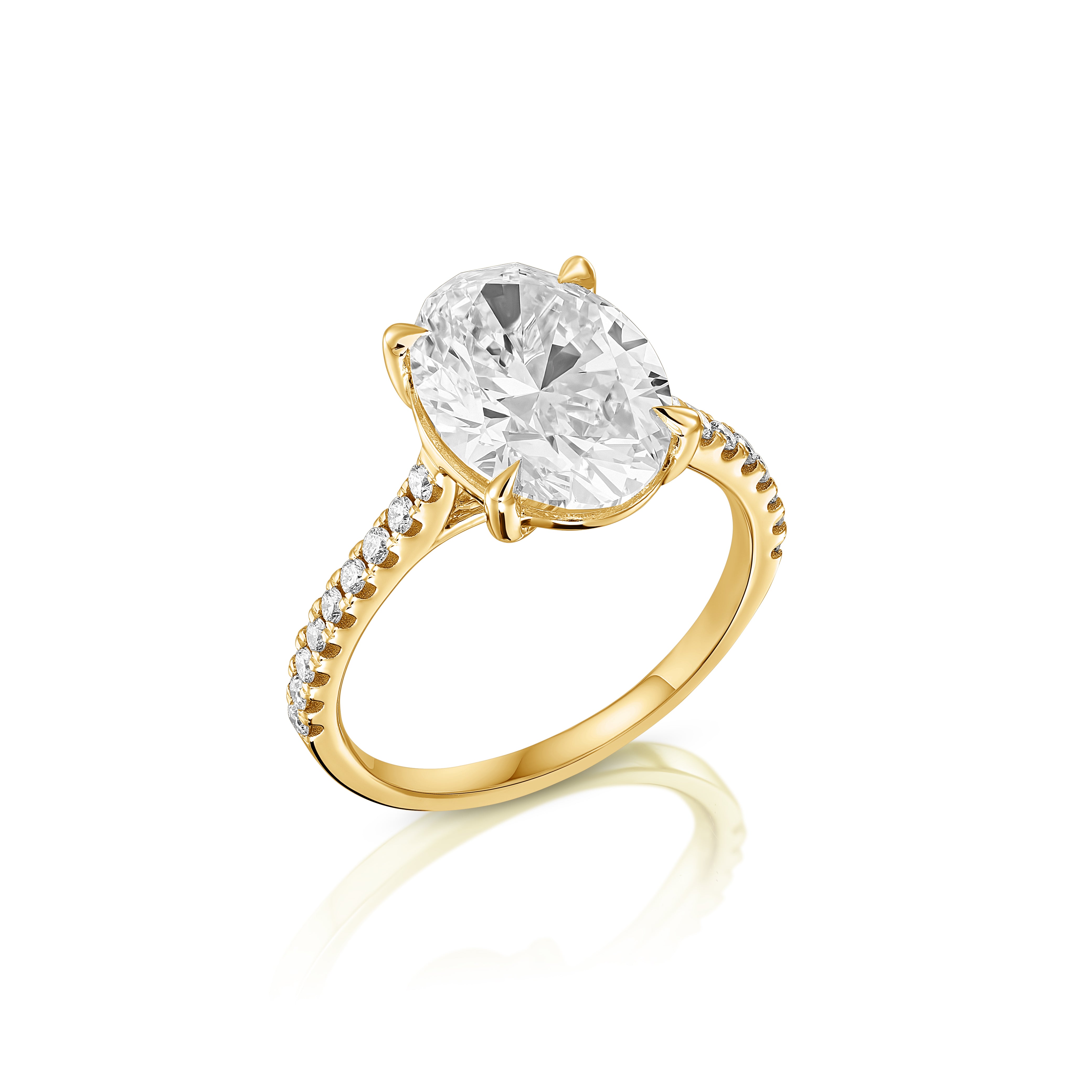 טבעת סוליטר יוקרתית עם שיבוץ צד עדין | יהלומי מעבדה CVD | גודל כולל 4.223 קראט | זהב לבן 14 קראט | דגם עדן